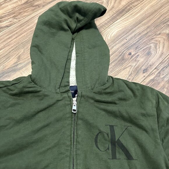 Calvin Klein Boys Hooded Jacket XL 18/20 Green Sherpa Lined Full Zip Logo Coat - Picture 6 of 10